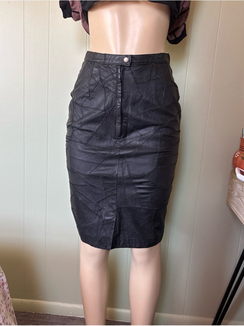 Alamos Black Patchwork Leather Pencil Skirt